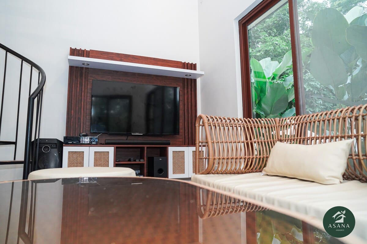 TV and entertainment center with the garden visible through the glass doors