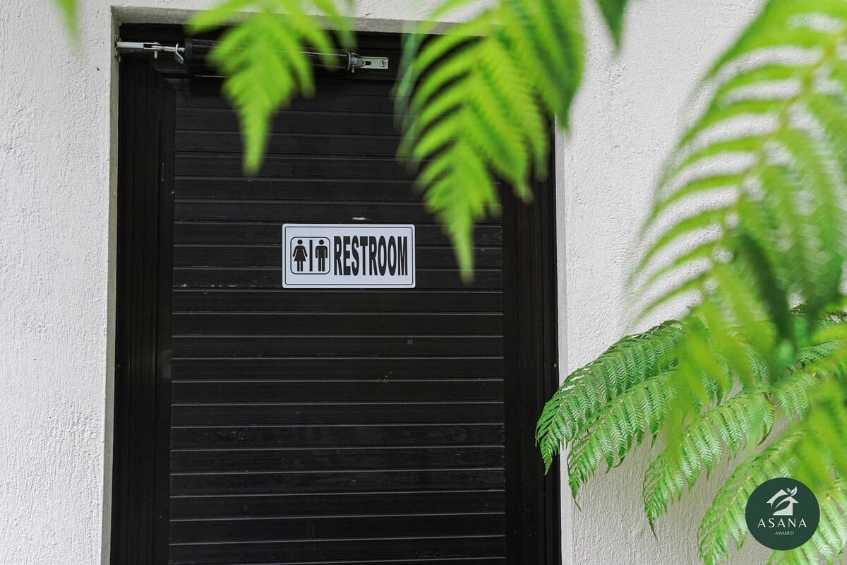 Outdoor restroom door, tucked among the garden ferns